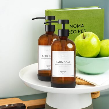 Набір дозаторів для мила на кухню та у ванну кімнату, 2 шт. з нержавіючою сталею, скляні флакони 475 мл, з водонепроникними етикетками