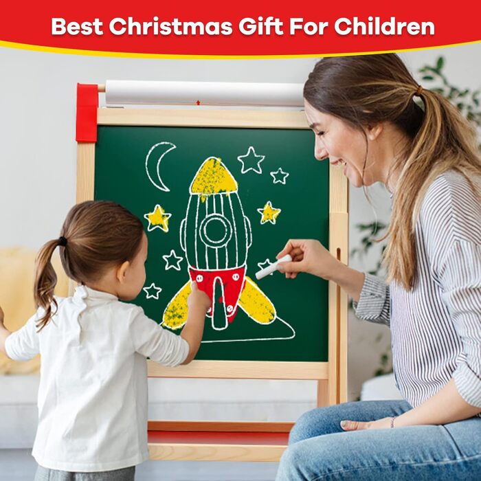 Дитяча мольберт Kinder Staffelei 3 в 1: дерев'яна дошка з рулоном паперу, двостороння, регульована висота 68-114 см. Комплектація: аксесуари для малювання. Підходить для дітей 3-12 років.