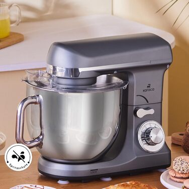 Кухонна машина Karaca Blendburst 1400W з 6 швидкостями, 5.7л чаша з нержавіючої сталі, подвійний гак для тіста, міксер, насадки для збивання та замішування, сірий колір