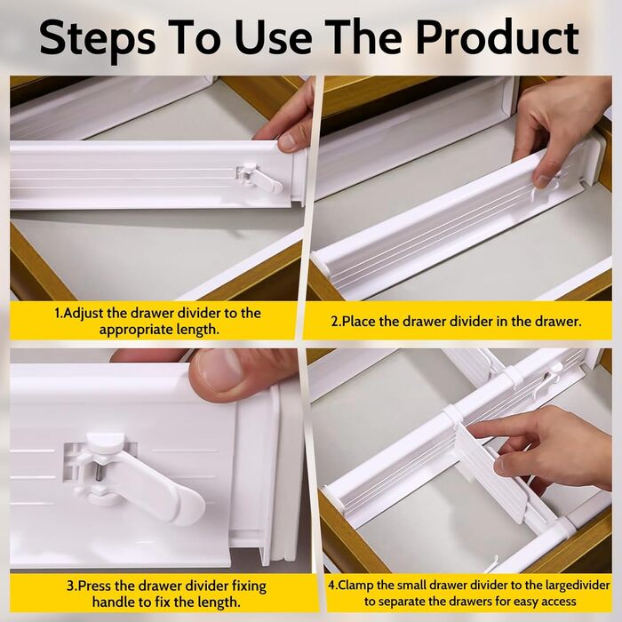 Набір роздільників для ящиків Gigmeta (4 шт) з регулюванням, 34–59 см, >7 см. Підходить для шафи, спальні, комода, кухні, офісу