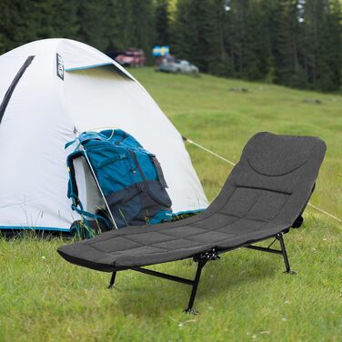 Складане ліжко для риболовлі та кемпінгу GOPLUS, посилене (до 200 кг), з регульованою спинкою (6 позицій) та спеціальними опорами для м'якого ґрунту, сіре