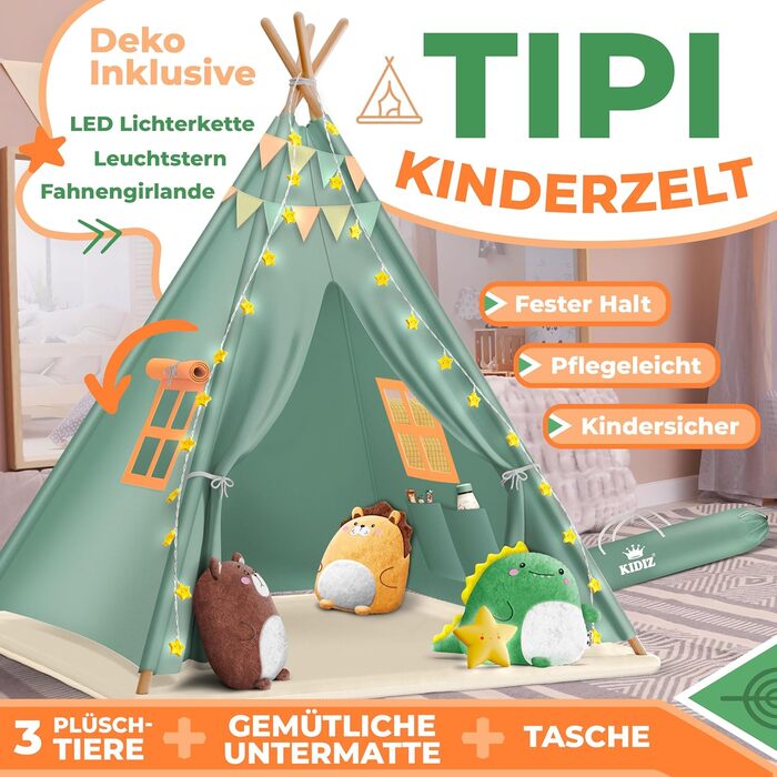 Дитячий намет KIDIZ Teepee 100x100x160см зі світлодіодом, декором та аксесуарами для дому та вулиці (зелений)