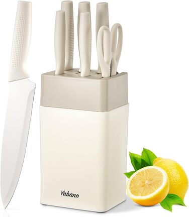Набір кухонних ножів Yabano 7 предметів з підставкою та точилкою, кухонний набір з пластиковою підставкою (білий)