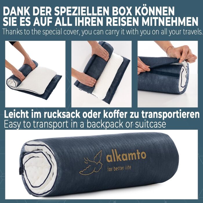 Подушка з піною з пам'яті Alkamto 70 x 45 см - ергономічна підтримка шиї - сертифікат Oeko-Tex - терморегулююча наволочка - гіпоалергенна та придатна для прання - для сну на спині та на боці 70 x 45 x 12 см