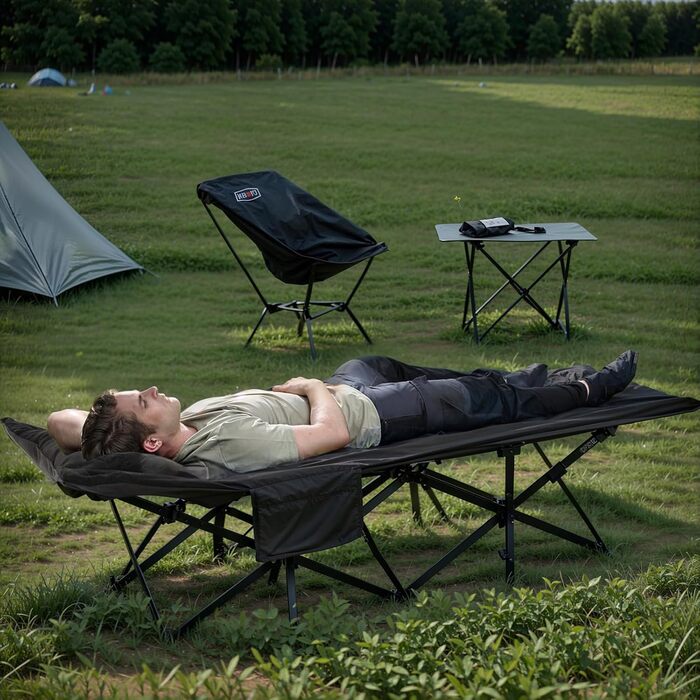 Розкладне кемпінгове ліжко OVERMONT з матрацом, 190x70x40 см, витримує до 250 кг, тканина Оксфорд, з кишенею та сумкою для перенесення, чорне