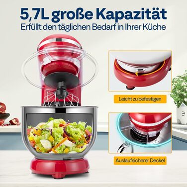 Кухонна машина VIVOHOME 5.7L: потужний міксер з 10 швидкостями, функцією імпульсу та набором насадок (червоний)