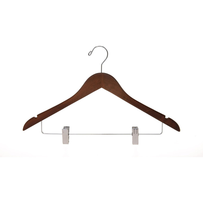Дерев'яні вішалки для одягу з кліпсами (20 шт.), масивне дерево, вішалка для штанів, регульовані металеві кліпси, поворотний гачок, для пальто, сорочок, костюмів (Волоський горіх - Хромований гачок)