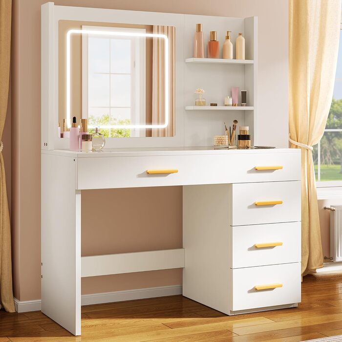 Туалетний столик YITAHOME з підсвіткою та дзеркалом, 4 шухляди, відкриті полиці, чорний (білий)