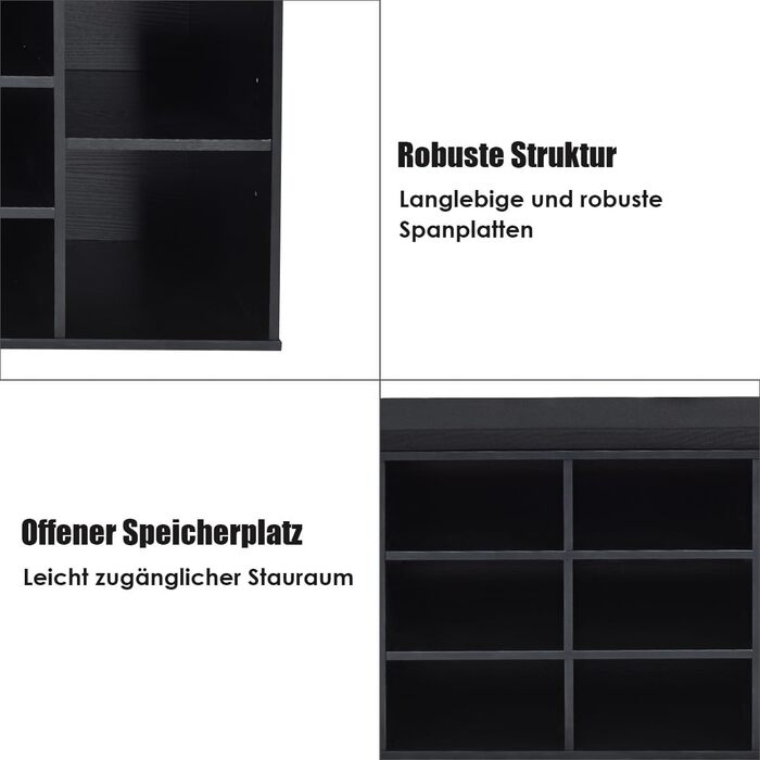 Лавка для взуття COSTWAY з сидінням, дерев'яна полиця для взуття, полиця для взуття для грудей Шафа для взуття, лавка з 10 відкритими відділеннями, подушка для сидіння, 104 x 30 x 48 см (чорна, без місця для зберігання)