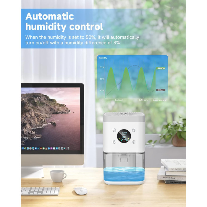Електричний осушувач повітря 1800 мл, тихий, з функцією автоматичного відтавання, очищення повітря та захист від вологи, для спальні/ванної кімнати - білий