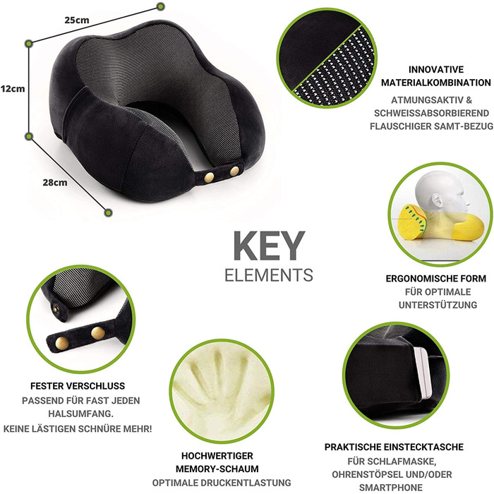 AIRTH® Преміум подушка для шиї у подорожах з memory foam - ергономічна підтримка шиї з знімним чохлом для максимального комфорту та розслаблення | Чорний, 2023