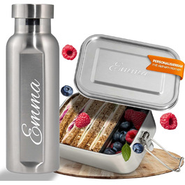 Ланчбокс з нержавіючої сталі з гравіюванням імені + пляшка для води – 800 мл, 470 мл, з роздільником, захист від протікання, бенто-бокс – подарунок, 1 вересня, спорт, відпочинок на природі