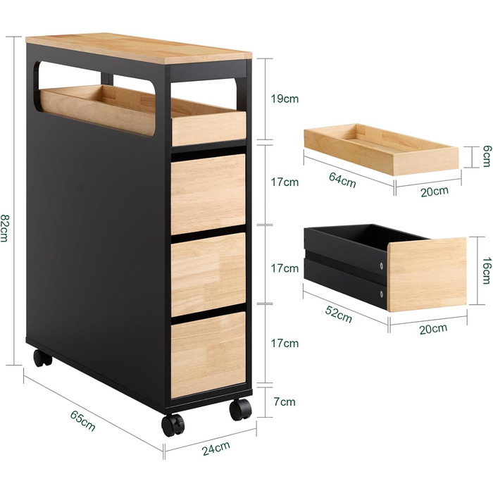 Шафка для ванної кімнати SoBuy з колесами, вузька шафка з 3 висувними ящиками, компактна тумбочка з дерева, навісна шафка для маленьких ванних кімнат, туалетів та кухонь, біла, 65x23x82 см, BZR54-W (чорний)