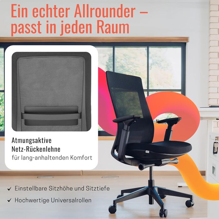 Крісло Yaasa Ergonomic – ергономічне офісне крісло з підтримкою попереку та регульованими підлокітниками – поворотне крісло з регулюванням опору спинки – для дому та офісу – 120 кг (Чорний, Essential)
