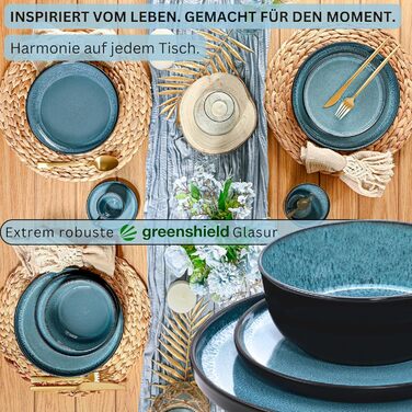 Набір посуду SÄNGER Vigo 24 частини: 6 тарілок, 6 тарілок для сніданку, 6 глибоких тарілок, 6 мисок для пасти, стеатоліт, блакитний з чорним обідком