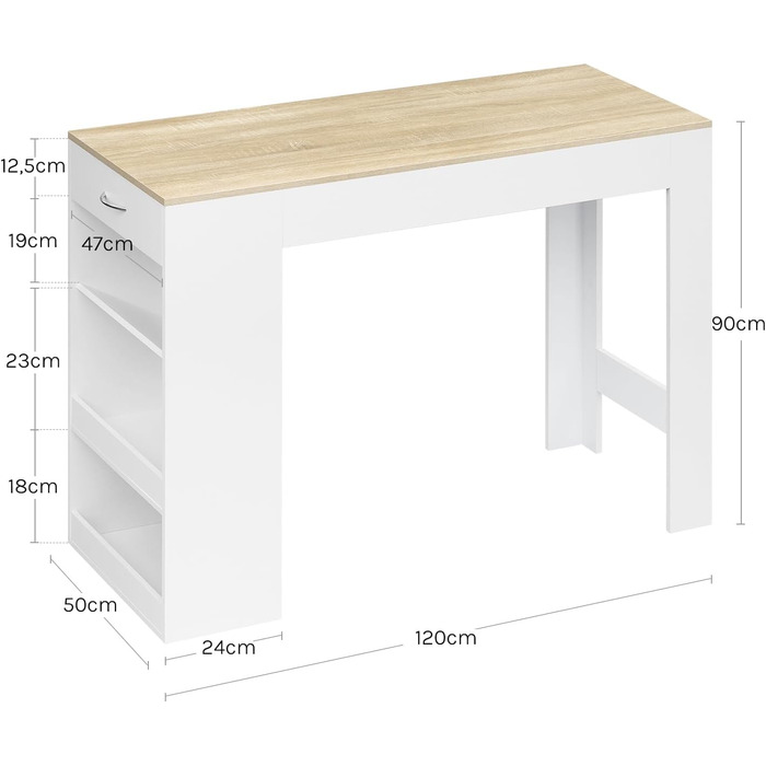 Стіл-бар WOLTU з шухлядою та полицями, вітрина для вина, кухонний стіл для бару, кухні, вітальні, їдальні (90 x 50 x 120 см, білий + світлий дуб)