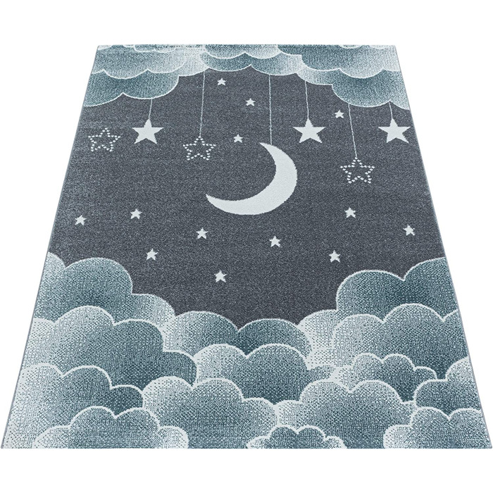 Дитячий килим HomebyHome з коротким ворсом у вигляді зоряного неба, Місяця, хмар, м'який дизайн для дитячої кімнати, Колір рожевий, Розмір (120 см круглий, синій)