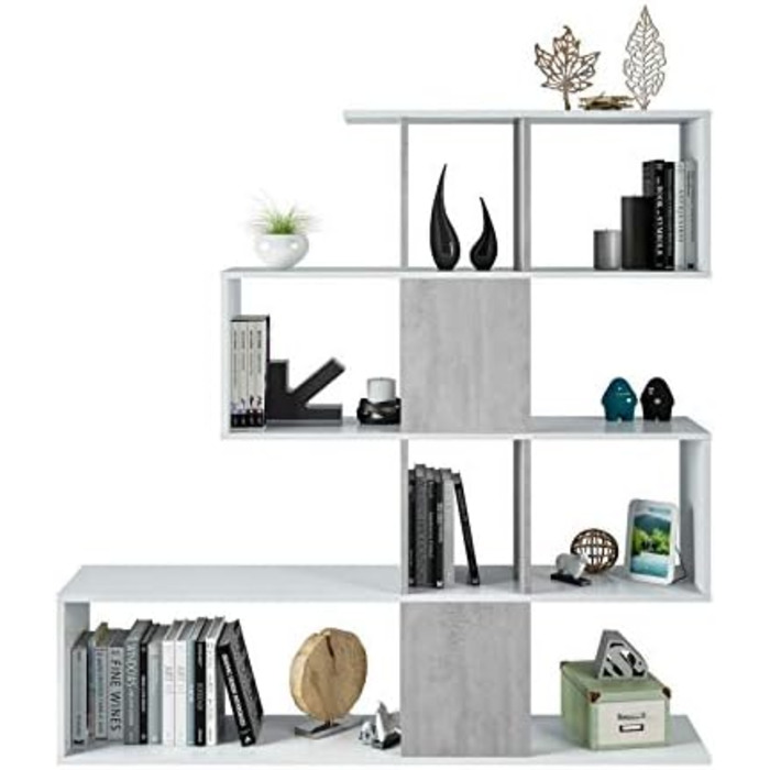 Декоративно-функціональна книжкова шафа з п'ятьма відділеннями, біла з дубовими вставками, розміри 145 х 145 х 29 см (Bianco E Cemento)