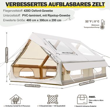 Надувний кемпінговий намет з димоходом та вікном, для 2-10 осіб з насосом, з водонепроникної тканини Oxford, швидке встановлення (4-8 осіб, велике вікно)