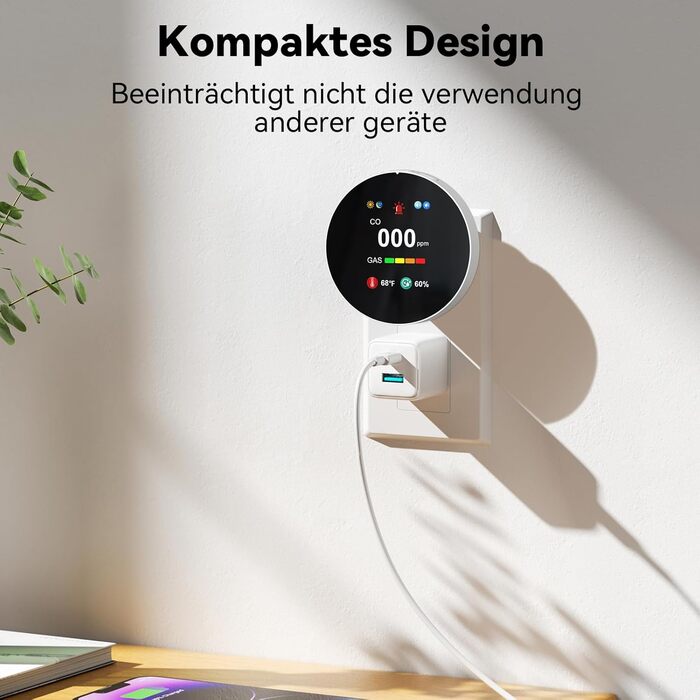 Детектор чадного газу та газу з вилкою, 4-в-1 CO-детектор з датчиком температури та вологості, з акустичним сигналом для дому та автокаравану, 1 шт. (Чорний) (Білий 1)