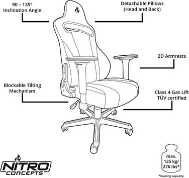 Ігрове крісло NITRO CONCEPTS E250 - ергономічне, тканинний чохол, до 125 кг (чорний)