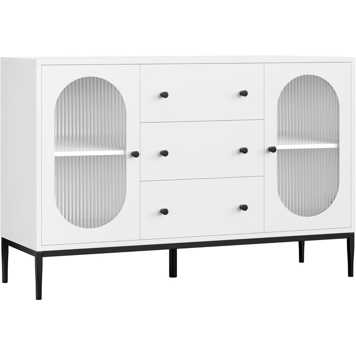 Буфет-шафа FirFurd 120 см білий з робочою поверхнею, 2 скляні дверцята та 3 висувні ящики для кухні, вітальні, їдальні. Розміри: 120x38x80 см