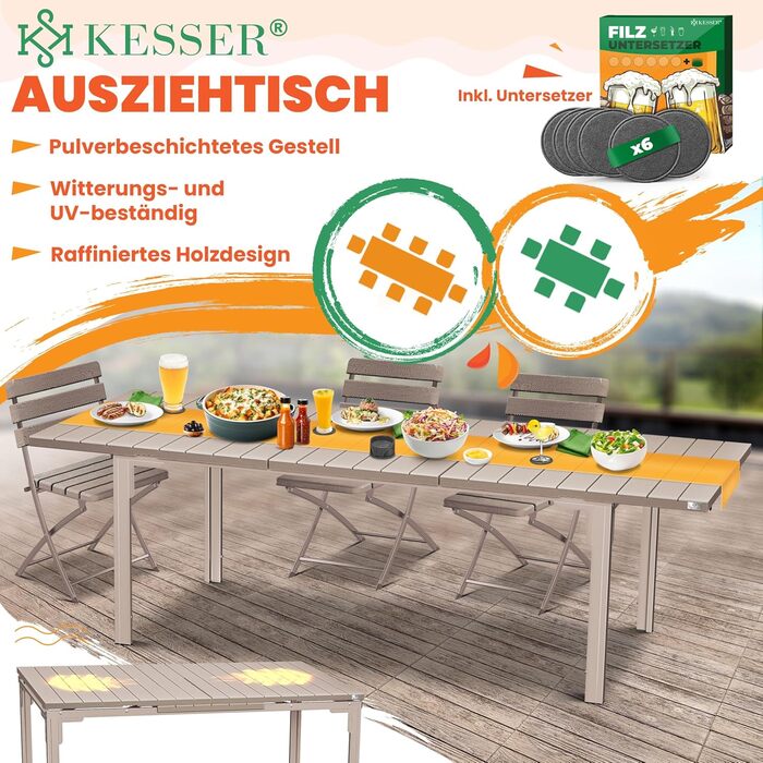 Розсувний садовий стіл KESSER® 180/240x90 см, на 8 осіб, з металевим каркасом та стільницею з HDPE, вологостійкий, UV-стійкий, з 6 підставками