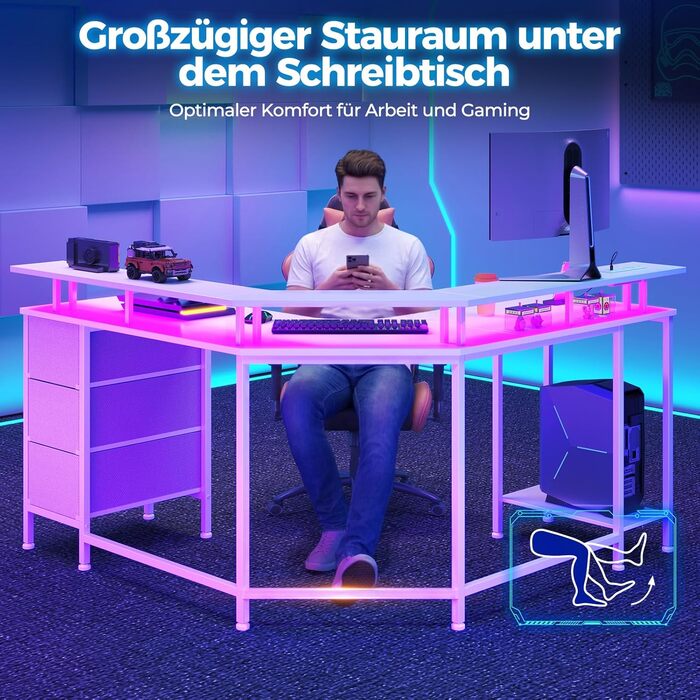 Ігровий кутовий стіл Seventable L-подібної форми з LED підсвіткою, розетками та 3 текстильними висувними ящиками, білий, 135x135x88 см