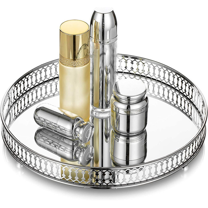 Весільний парфумерний лоток декоративний круглий скляний дзеркальний металевий туалетний столик з дзеркальним покриттям для парфумерних прикрас туалетний столик для ванної кімнати, спальні, прикраса для весільно-різдвяної кімнати, 20 см (високий, срібляст