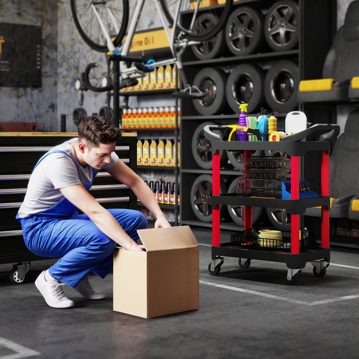 Навісний інструментальний ящик на 3 ящики з боковими ручками, колесами, з пластику, чорного кольору