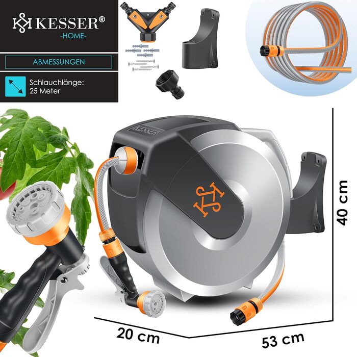 Шланг для саду KESSER® з автоматичним підйомом | Шланг для поливу 25м з насадкою 7-в-1 | Настінна шланг-бокс | Колір сірий