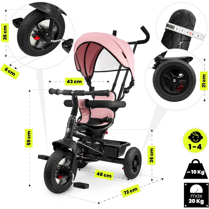 Триколісний велосипед HyperMotion з ручкою для батьків, рожевий - для дітей від 1 до 4 років (до 20 кг)