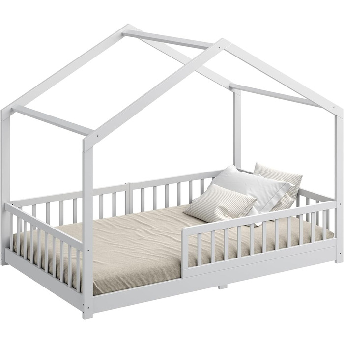 Ліжко-дитяча хатинка CADANI Malte, 120x200 см, білий колір, Montessori, з бортиками, трансформується, з ламелями, до 200 кг