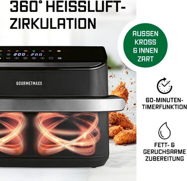 Фритюрниця повітряна Gourmetmaxx FryUp з двома камерами | 10 літрів | Чорний колір | Дисплей Touch | Економія місця