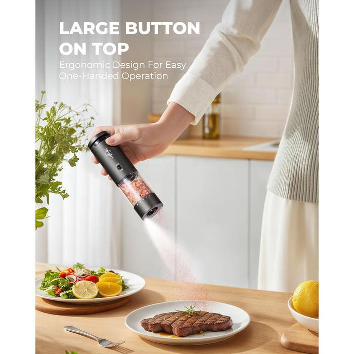 Електричні млини для солі та перцю Sangcon, 2 швидкості, перезаряджувані, 6 ступенів помелу, автоматичний набір з док-станцією, для зручного використання, сірий + чорний