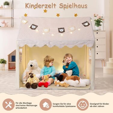 Дитячий намет Mamizо з килимком, прапорцями та світлом, зручний та дихаючий. Ігровий будиночок для дітей, намет для хлопчиків та дівчаток, 125x90x123 см, бежевий колір.