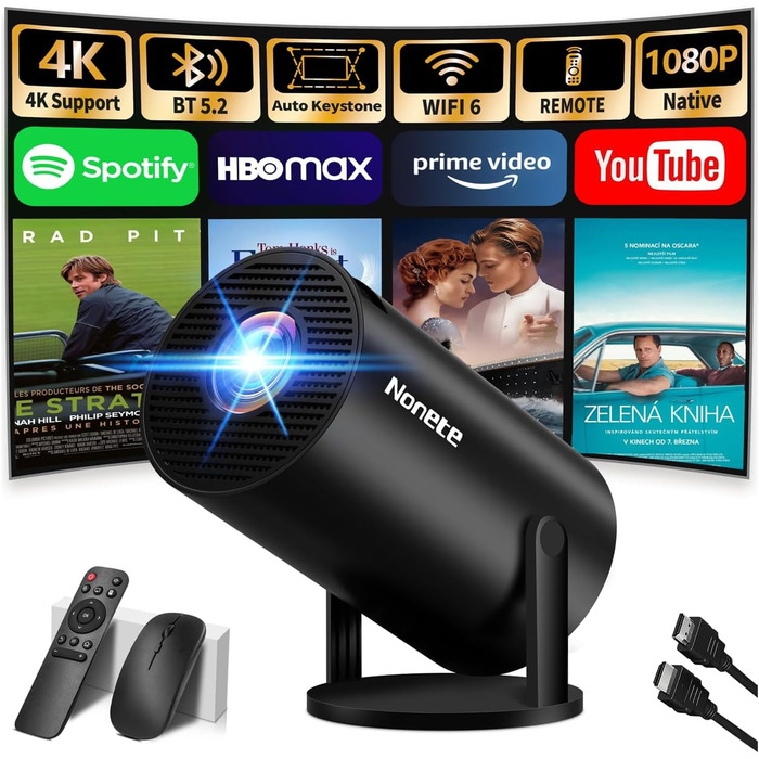 Beamer 4K: Міні проєктор з WiFi 6, Bluetooth 5.2, Android, 270° оберт, Auto Keystone, для PC/HDMI/USB, з мишкою та пультом, білий (20-Black)