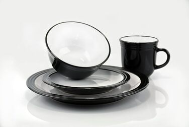 Комбінований сервізний посуд CAMDEN BLACK-Black/Набір з 16 предметів на 4 персони/Керамограніт 2-кольоровий біло-чорний/круглий зі світлим рельєфом/Waterside England від Retsch Arzberg