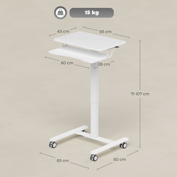 Регульований за висотою стіл для стоячи та сидіння, мобільний стіл з підставкою для клавіатури, роликами та сталевим каркасом, білий