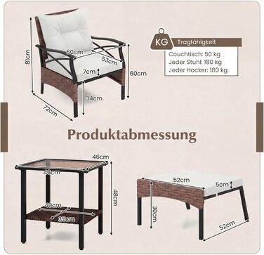 Садовий набір меблів COSTWAY з ротангу, 5 предметів: 2 крісла з подушками, пуф та стіл для балкона, тераси, саду (коричневий + бежевий)