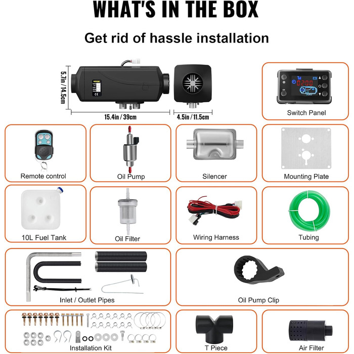 Автономний дизельний опалювач VEVOR 12V 8kW з LCD-дисплеєм та пультом дистанційного керування, 0.16-0.62 л/год, чорний