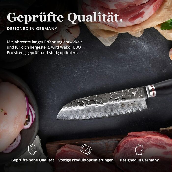 Японський ніж Santoku Wakoli EBO з дамаської сталі (серцевина VG10), 17,5 см - гострий ніж для кухні та приготування їжі, преміум-якість, з дерев'яною ручкою з дуба, у подарунковій коробці