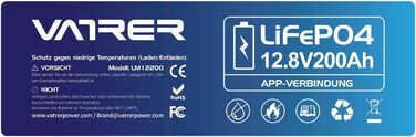 Літієва батарея VATRER POWER 12V 100AH LiFePO4 з Bluetooth, 100A BMS, 5000 циклів, 1280 Вт, захист від низької температури