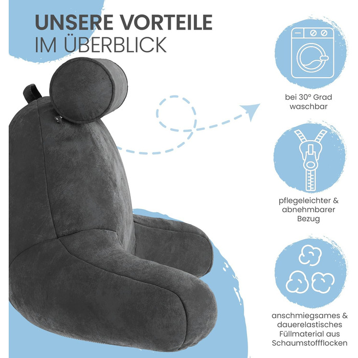 Подушка для спини ELONEO з підлокітниками – для ліжка та дивана. Зробить підтримку спини, голови та шиї більш комфортною (з роликом для шиї)