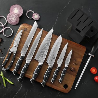 Набір кухонних ножів Дамаск з дерев'яним блоком, професійний набір кухаря, VG10, 67 шарів, преміум якість (9 предметів, чорний)