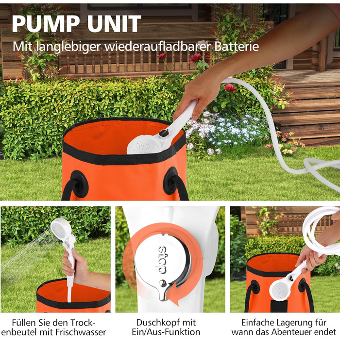 Набір для душу намету Campingdusche з насосом та акумулятором 7800mAh, оранжевий
