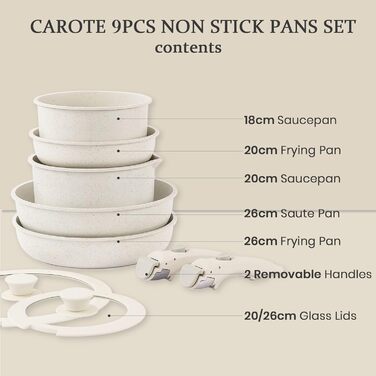 Набір індукційних каструль CAROTE з 9 предметів, гранітні антипригарні каструлі і сковорідки зі знімною ручкою, посуд для дому на колесах