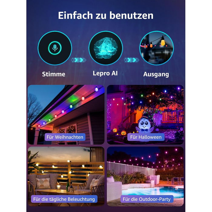 Lepro LED гірлянда для зовнішнього використання 30м, RGB+тепле біле світло, Wi-Fi, керування через додаток, сумісна з Alexa/Google, IP65, AI-дизайнер світла, 30 LED, без пульта