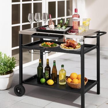 Гриль-візок LEADZM: гриль-стіл для вулиці, 95 x 45 x 83 см, стіл з нержавіючої сталі срібного кольору, на колесах, мобільний, сервісний візок для садів, чорний (97x51x83 см)