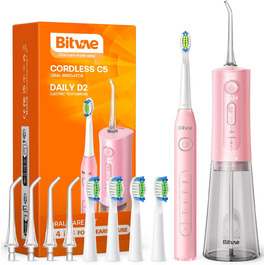 Іригатор для порожнини рота Bitvae та електрична зубна щітка 5 в 1, 3 режими & 5 рівнів тиску, бездротовий, з 4 насадками для щітки та 4 насадками для іригатора, чорний